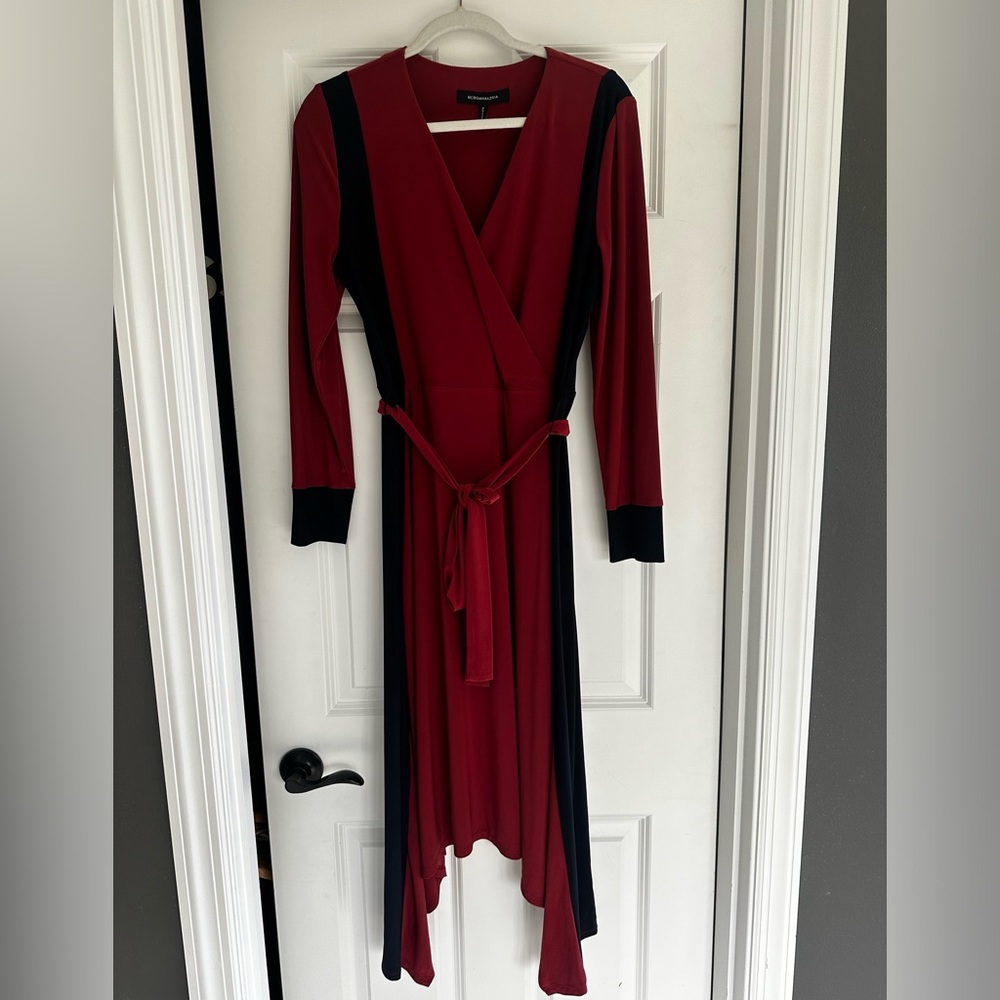BCBG Wrap Dress with Handkerchief hemline.